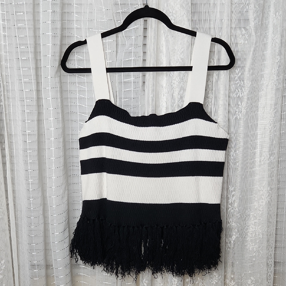 Eloquii Black and White Striped Fringe Knit Tank Sz22/24